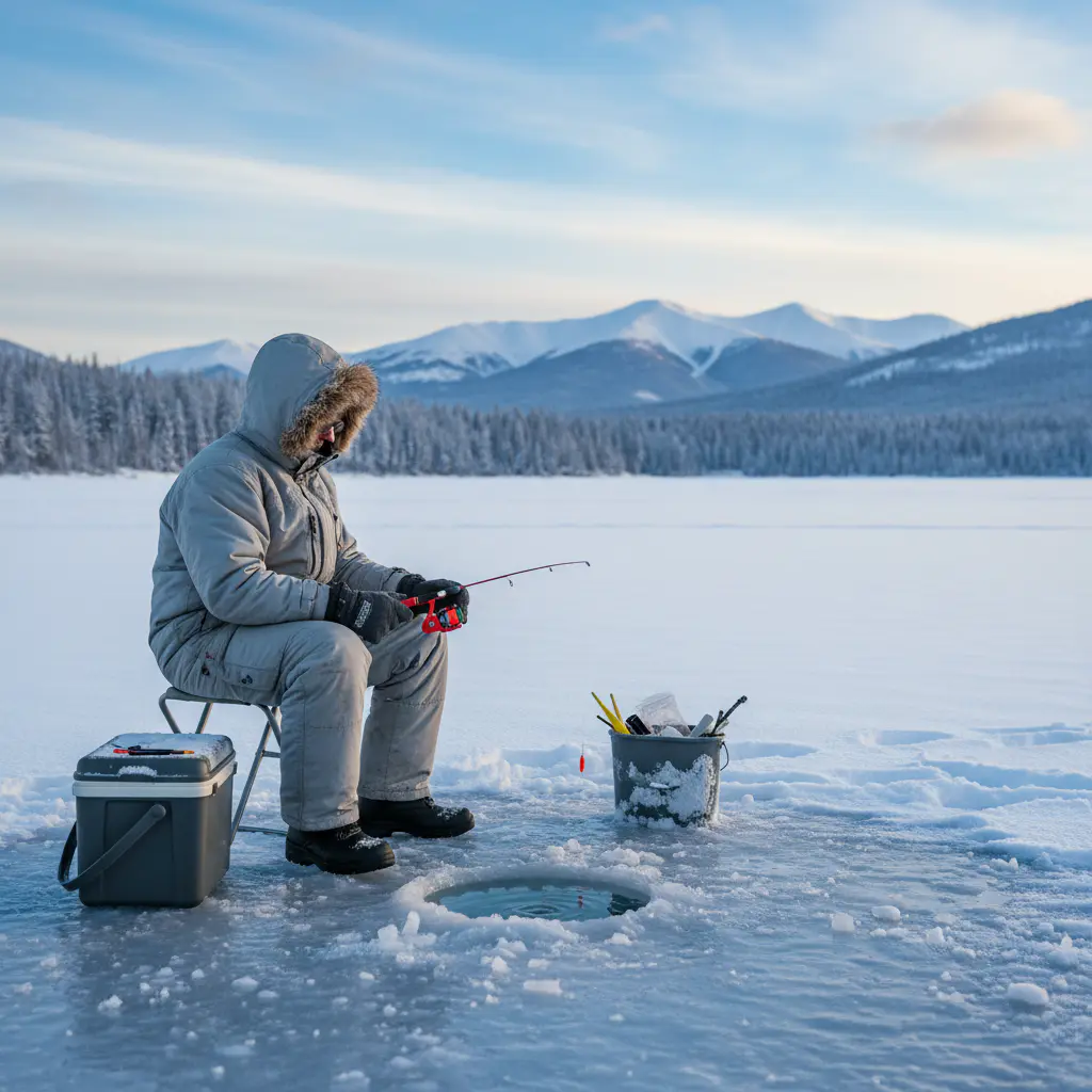 Pescador em buraco no gelo durante ice fishing